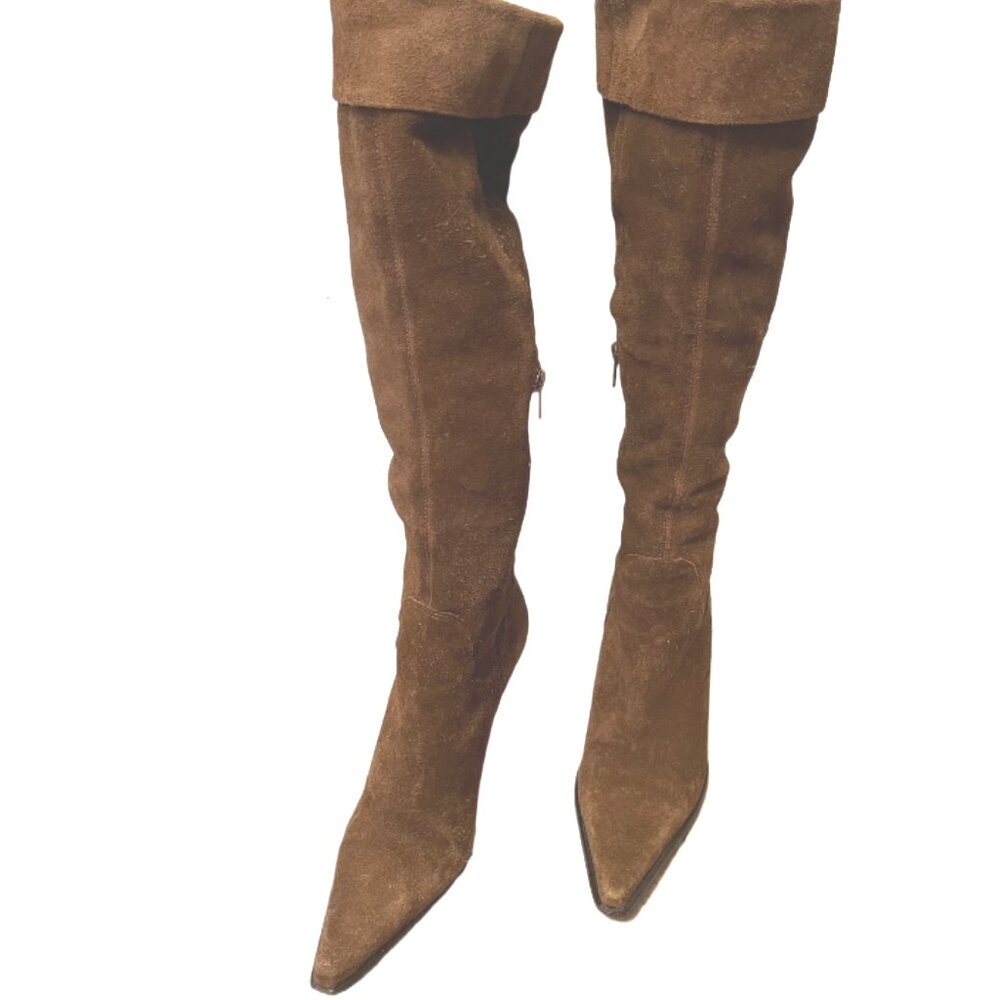 Diba Brown Suede Pointed Toe High Boots, Inside Zip, 3 1/2" Heel Size 6 1/2